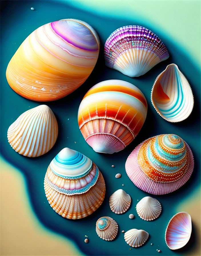 Colorful Seashells Arranged on Blue Green Background