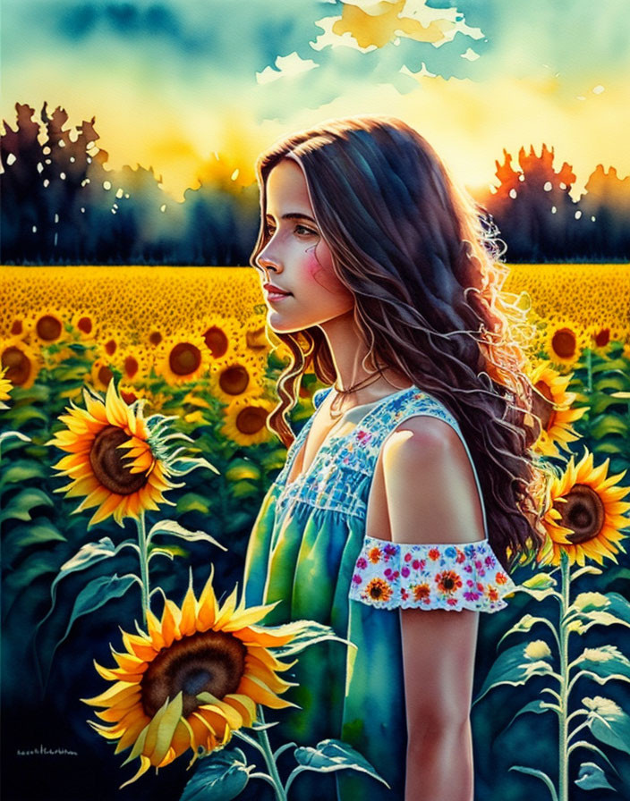 Young woman in sunflower field at sunset with wavy hair and thoughtful expression