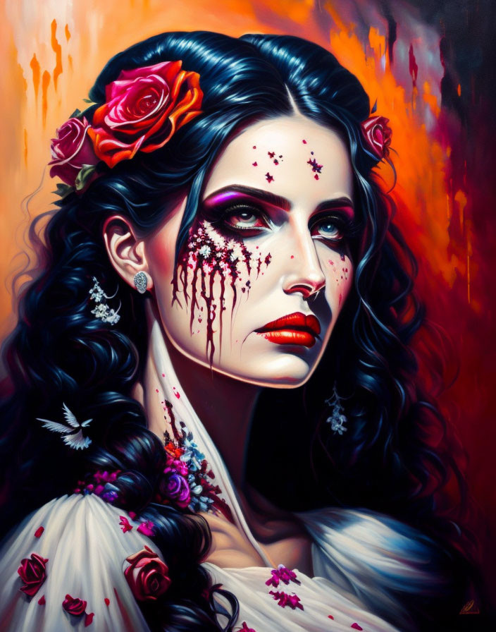 Portrait of woman with dark hair, pale skin, red makeup, and roses on vibrant backdrop