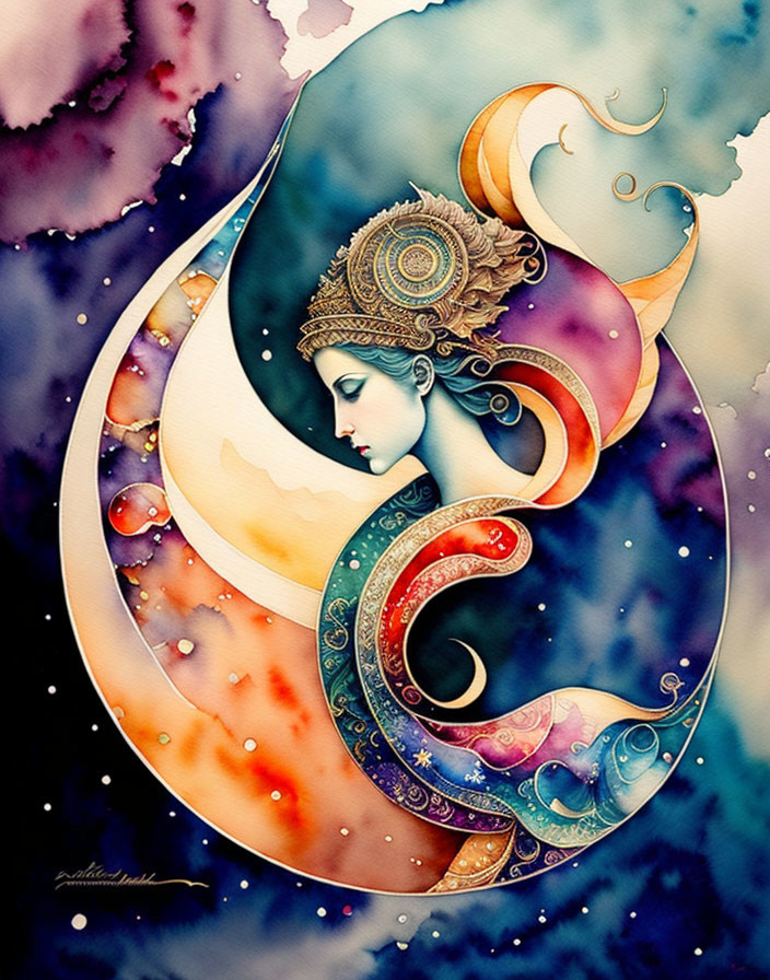 Colorful Stylized Artwork: Woman with Ornate Headgear in Yin-Yang Symbol