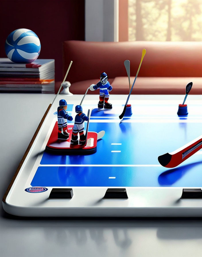 Miniature Tabletop Hockey Game with Player Figures and Sticks