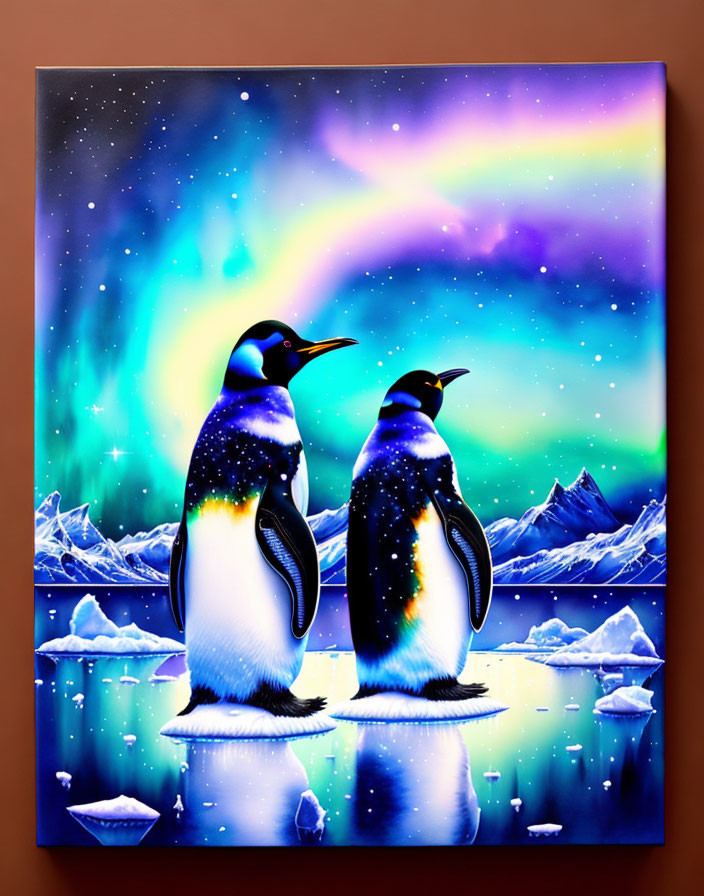 Pair of penguins on icy terrain under vibrant starry sky and aurora.