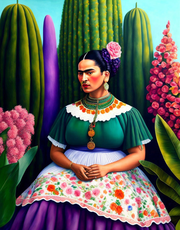 Colorful portrait of woman with unibrow in traditional dress and jewelry sitting amidst vibrant plants