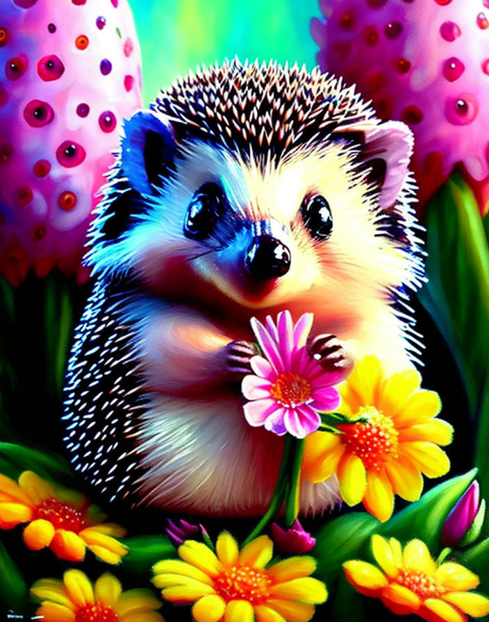 Colorful Hedgehog Holding Pink Flower Surrounded by Flowers