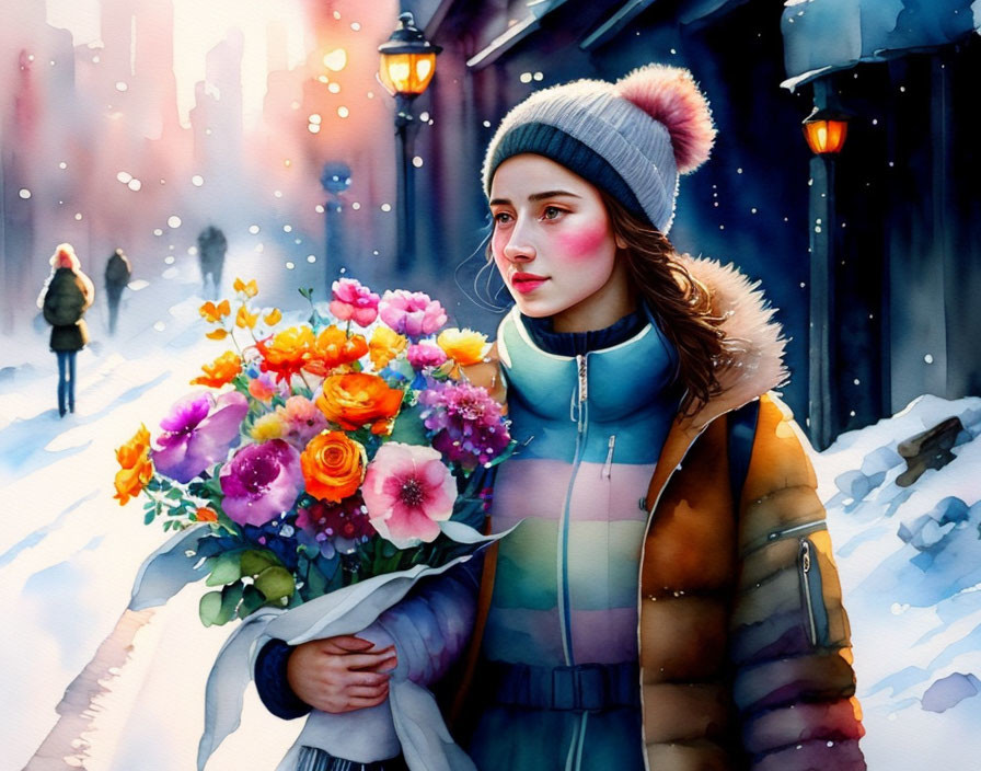 Woman in Winter Attire Holding Bouquet Walking in Snowy Street