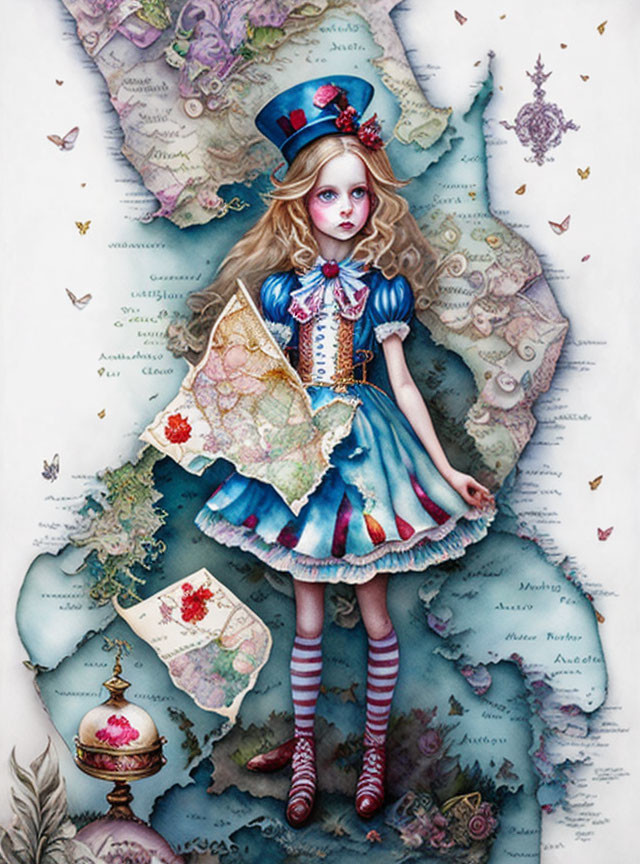 Whimsical girl in dress with map elements and butterflies on vintage maps