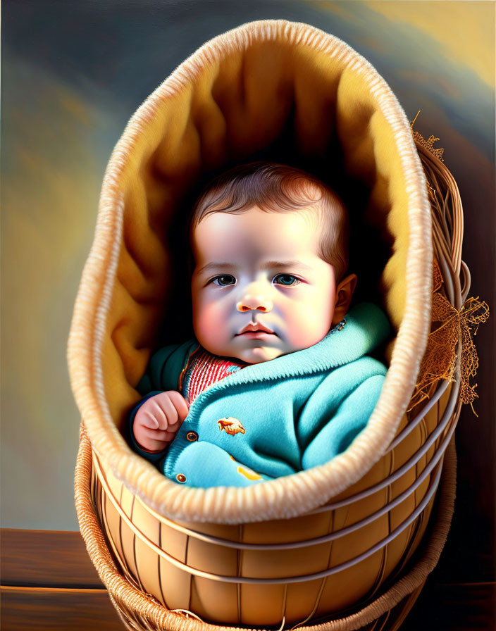 Blue-eyed baby in cozy bassinet with fish emblem outfit