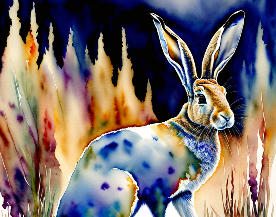 Colorful Watercolor Painting of Hare on Blue and Orange Background