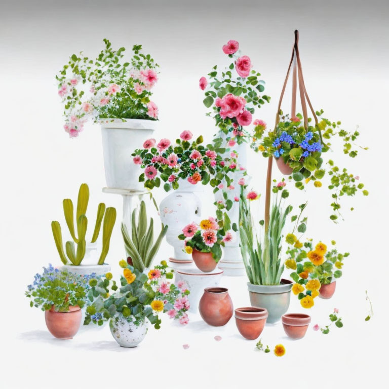 Vibrant flowers and greenery in assorted potted plants on plain background