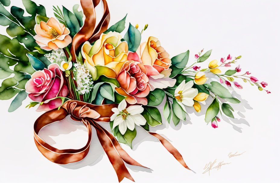 Colorful watercolor floral arrangement with oranges, yellows, and pinks tied with satin ribbon