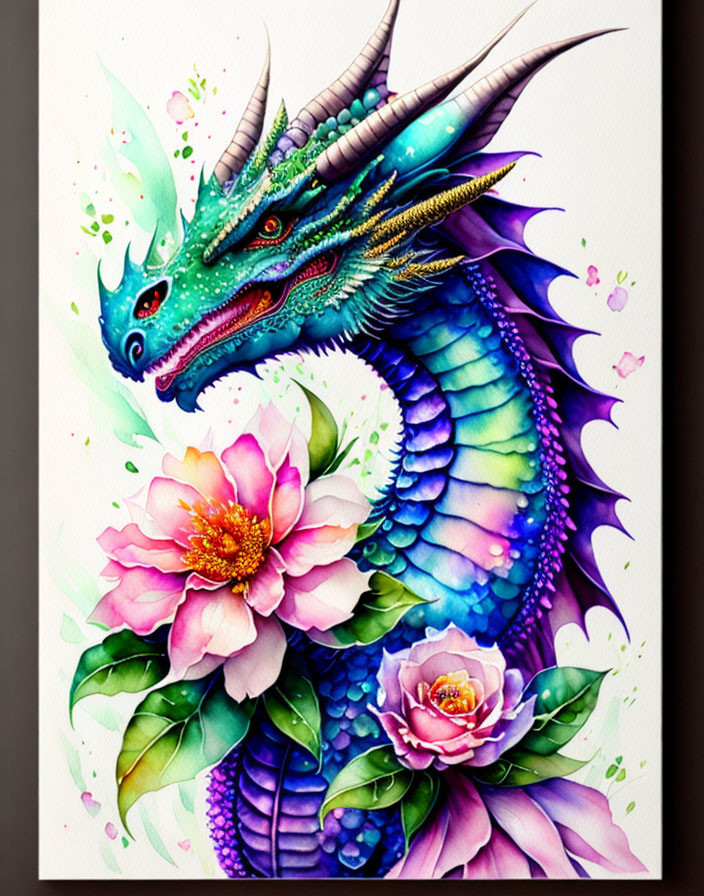 Colorful Dragon Artwork with Blue and Green Scales Among Pink and Purple Flowers