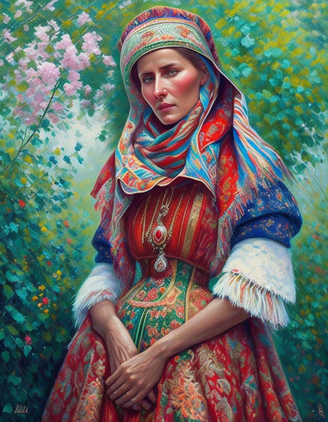 Traditional Folk Attire Woman Painting Among Greenery