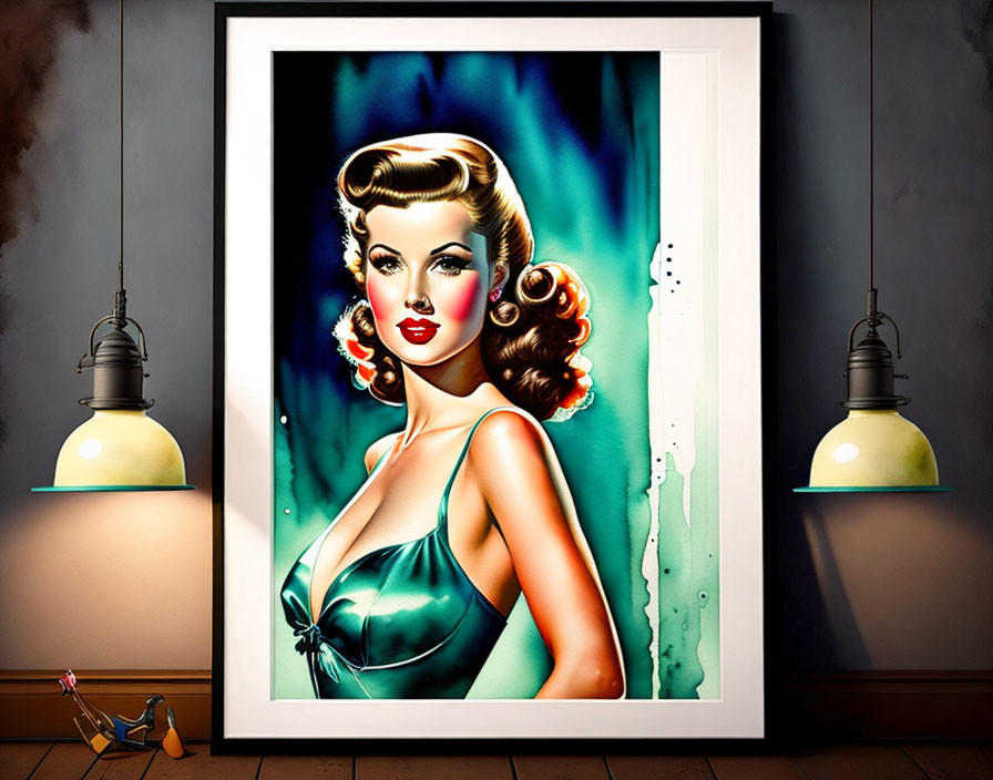 Vintage-style pin-up model illustration in green dress on wall with hanging lamps