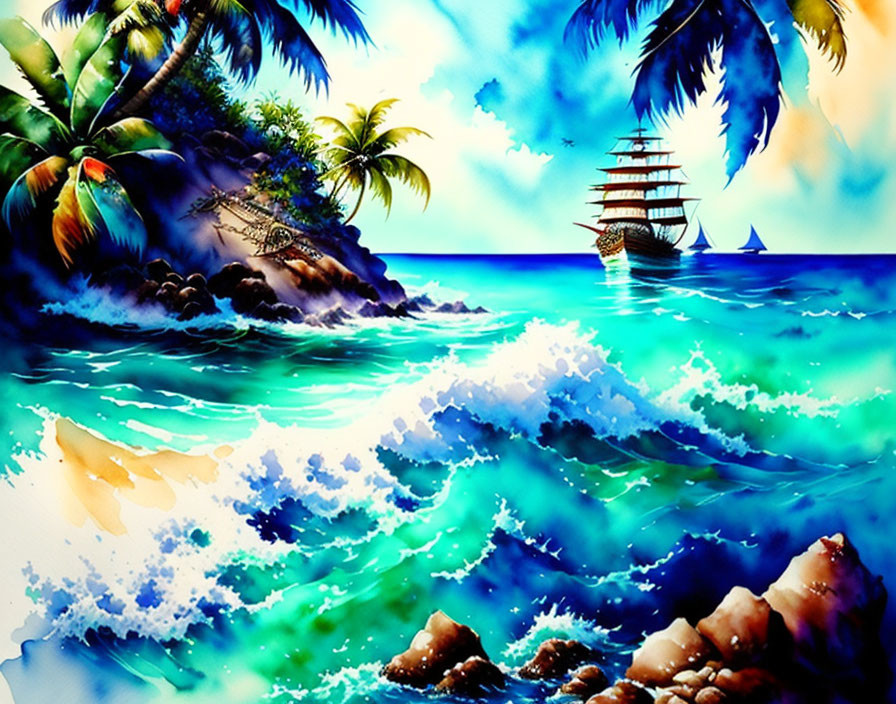 Tropical beach painting with palm trees, sailing ship, and blue waves