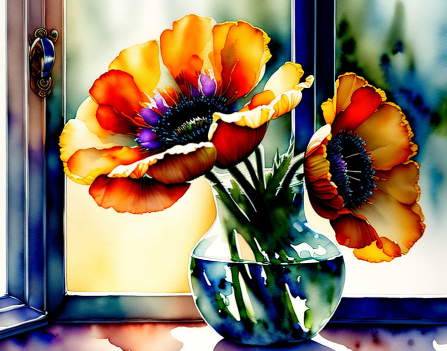 Vivid Orange Poppies in Clear Glass Vase Watercolor Painting