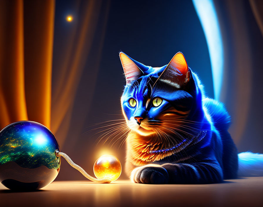 Digitally Enhanced Image of Luminescent Cat with Crystal Ball on Cosmic Background