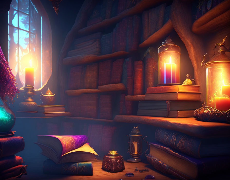 Enchanted library with glowing candles, books, lanterns, and magical artifacts