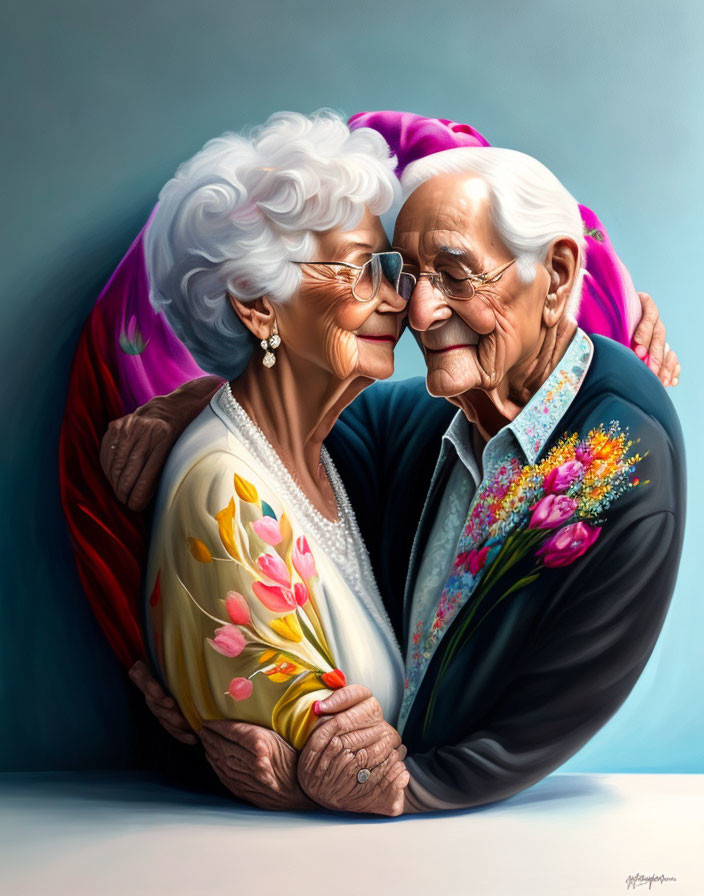 Elderly Couple Embracing in Floral Outfits