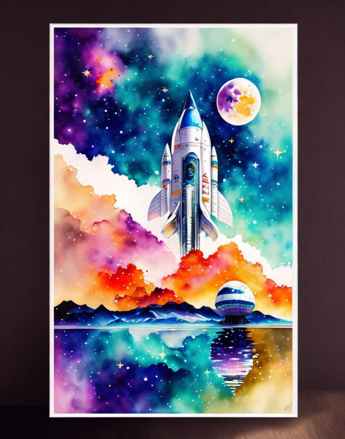 Vibrant watercolor artwork of rocket in galaxy with planet, stars, and cosmic ocean.