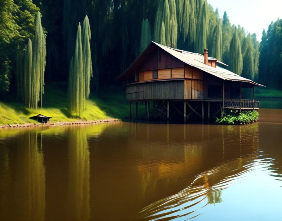 Tranquil lakeside view with stilt house and willow trees