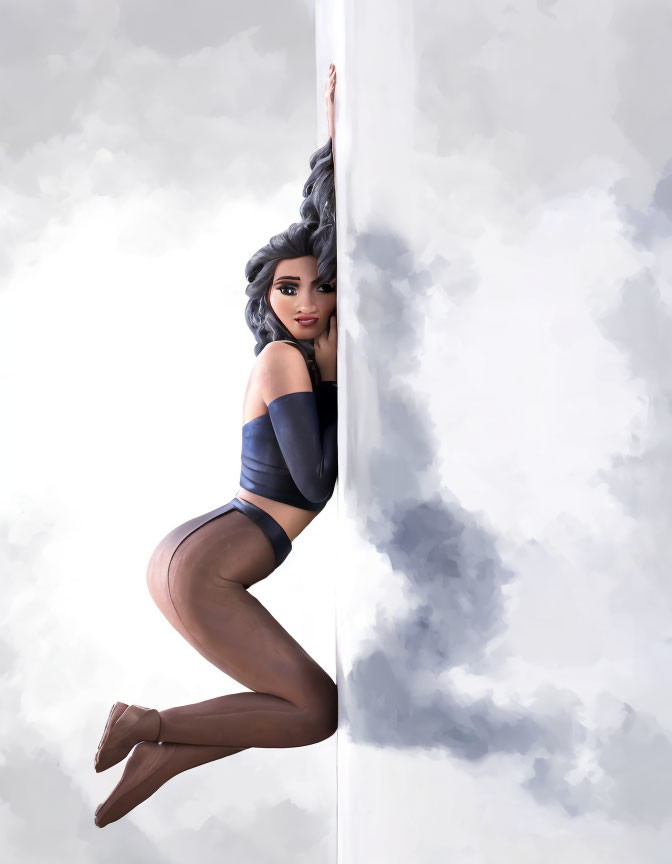 Dark-haired female character in cropped top and shorts peeking from wall with cloudy background