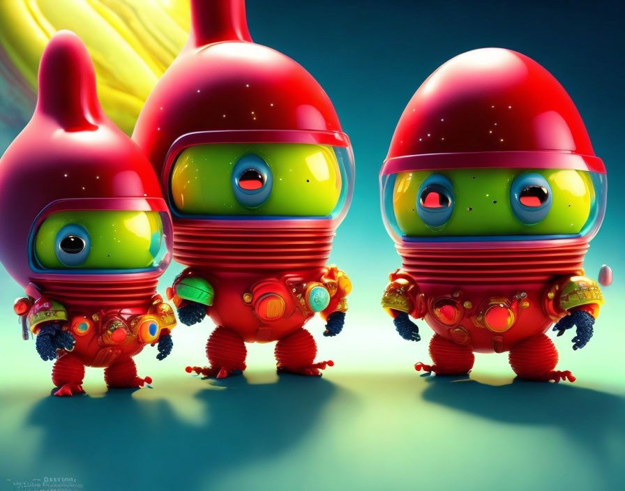 Colorful Cartoon Astronauts in Red Suits Against Cosmic Backdrop