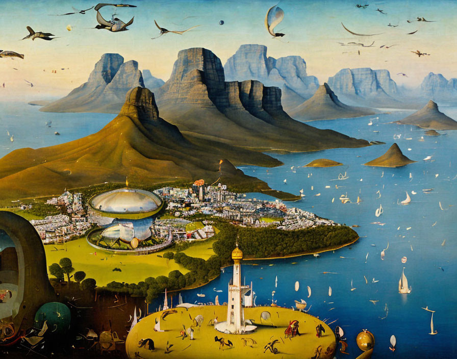 Detailed Landscape Painting with Coastal City, Mountains, Creatures & Flying Machines