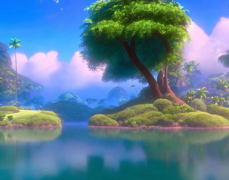 Tranquil animated landscape with oversized tree on islet