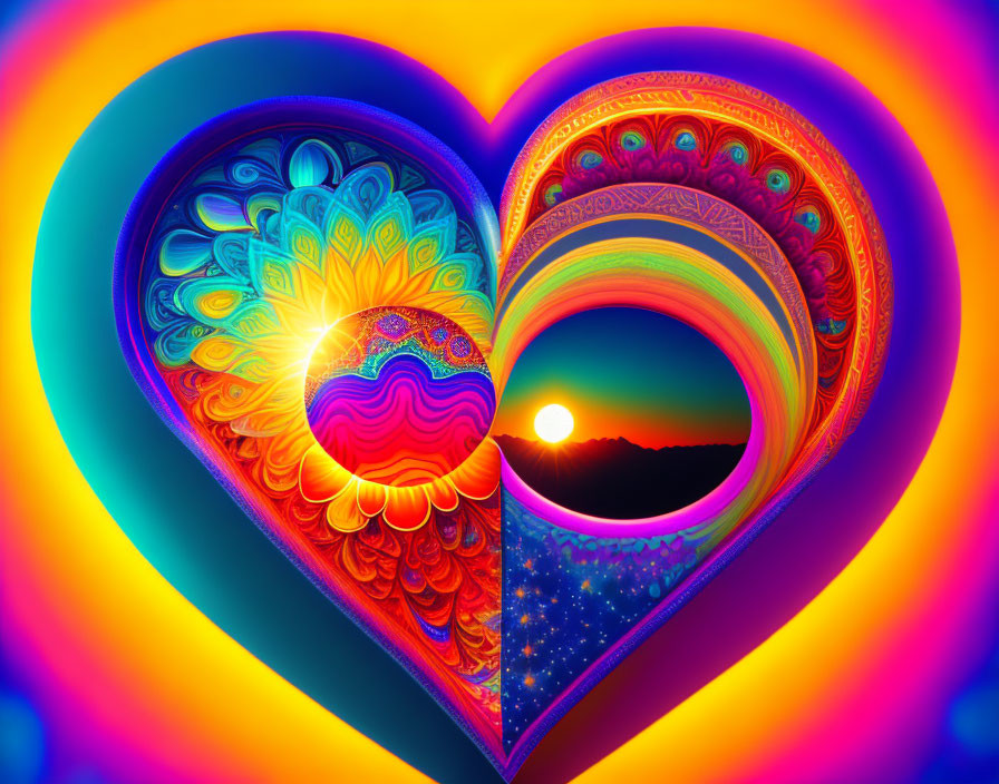 Colorful digital artwork: Heart split in two with intricate patterns and sunset scene.