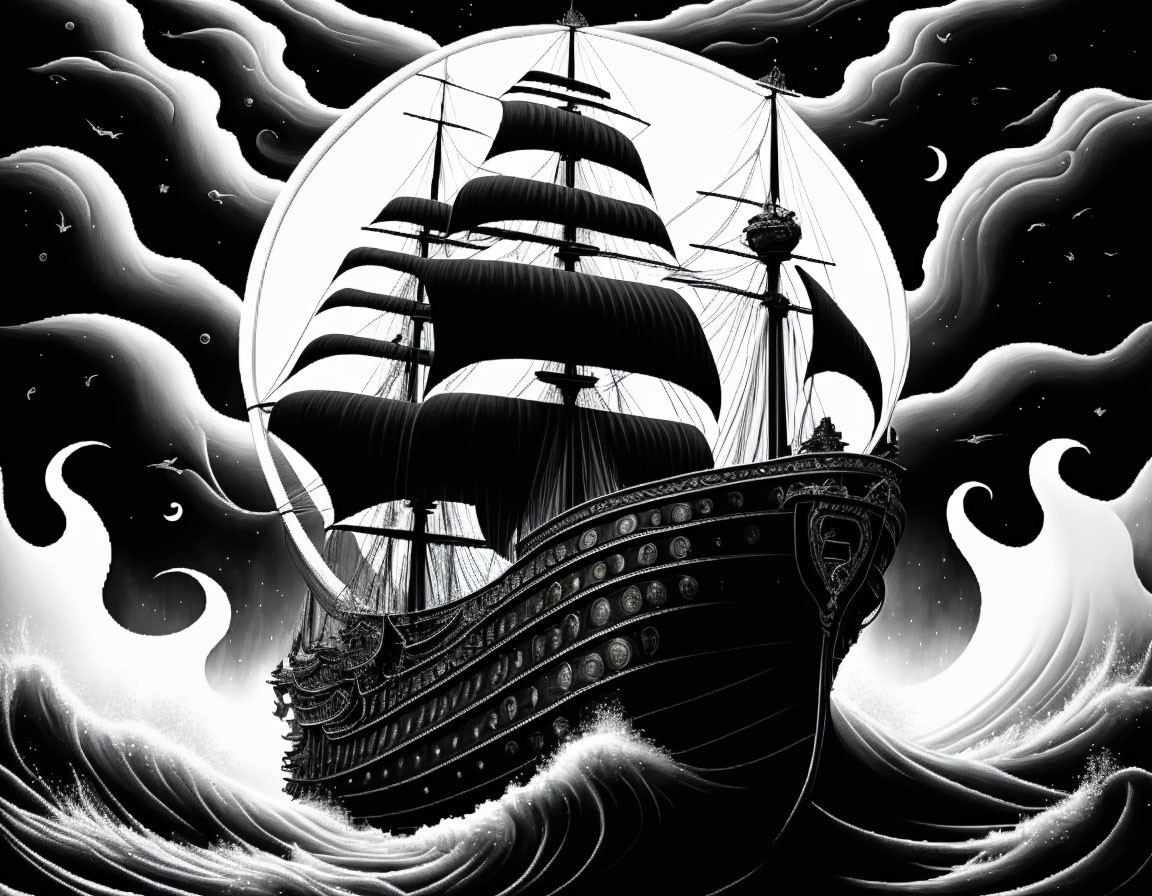 Monochromatic artwork featuring old sailing ship on stormy sea