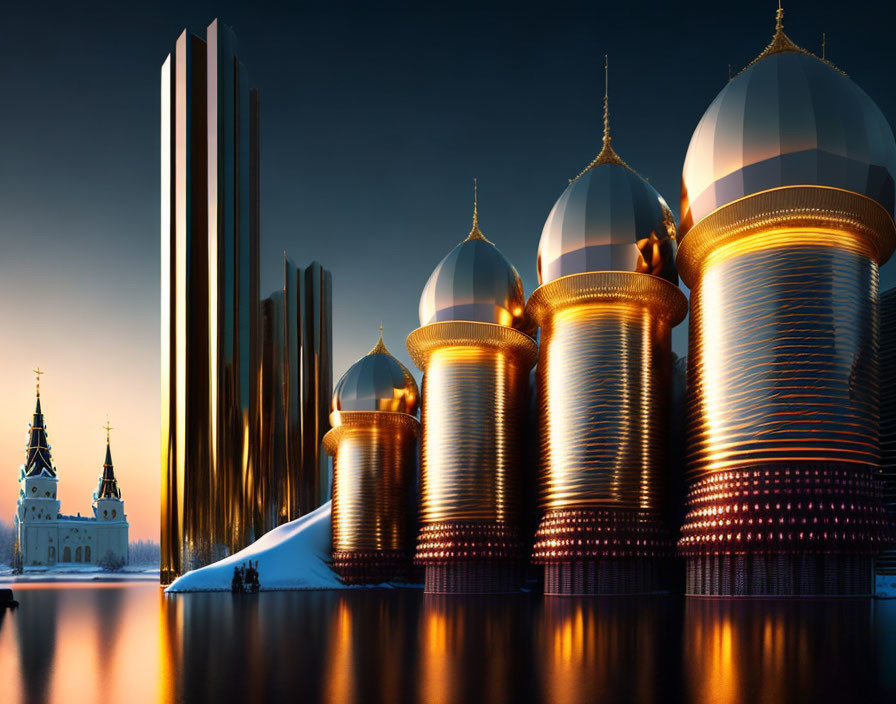 Surreal cityscape with iconic architecture at dusk
