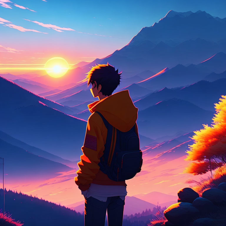 Person with backpack admiring mountain landscape at sunrise or sunset