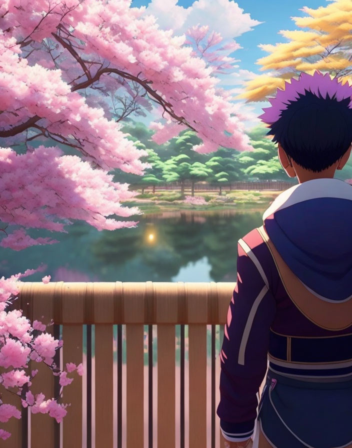 Spiky-haired person admires lake and cherry blossoms under sunny sky