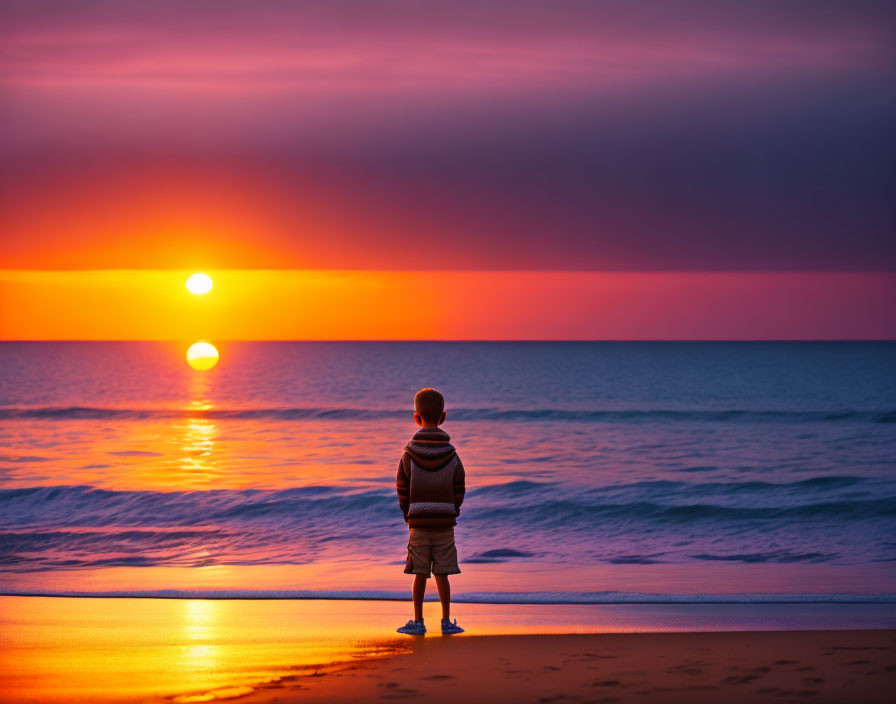 Child on Beach at Sunset with Purple Sky and Low Sun