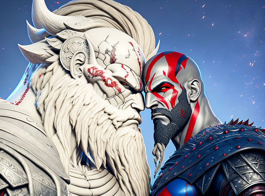 Detailed CGI characters in red and blue face off against character with white beard and facial marks under starry