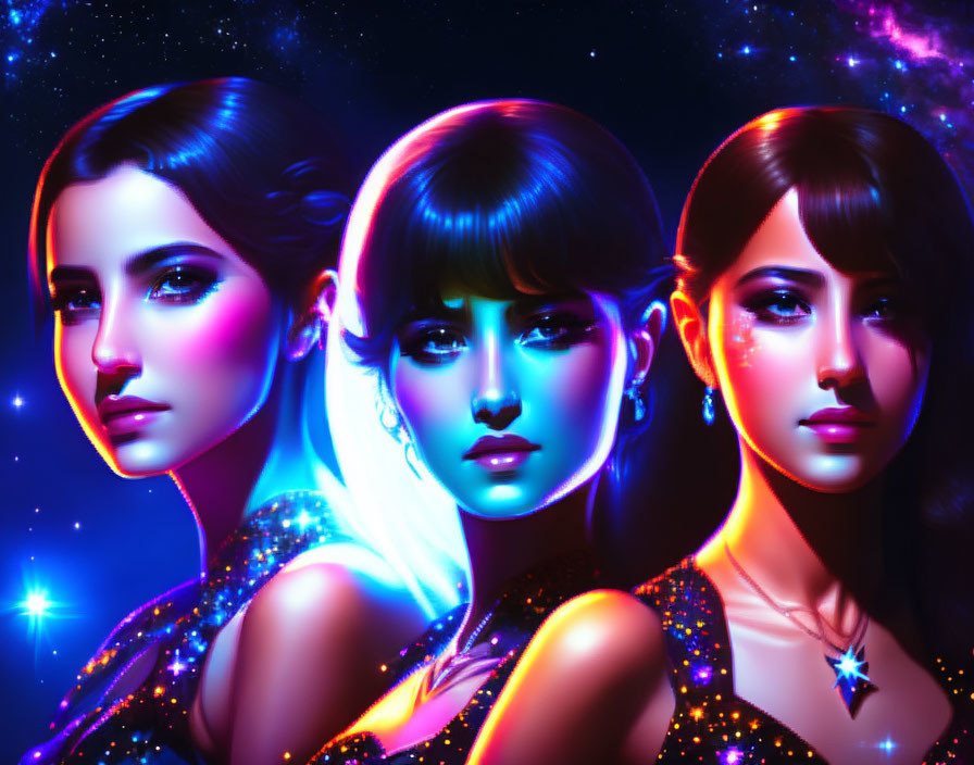 Three Women in Colorful Lighting with Cosmic Background