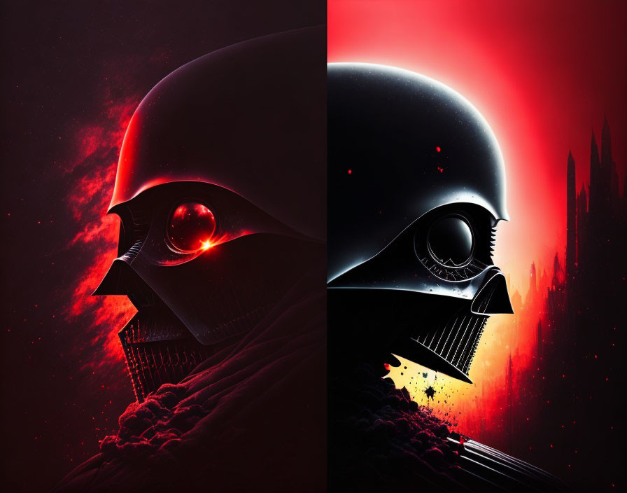 Stylized helmet profiles on red and black backgrounds in split composition