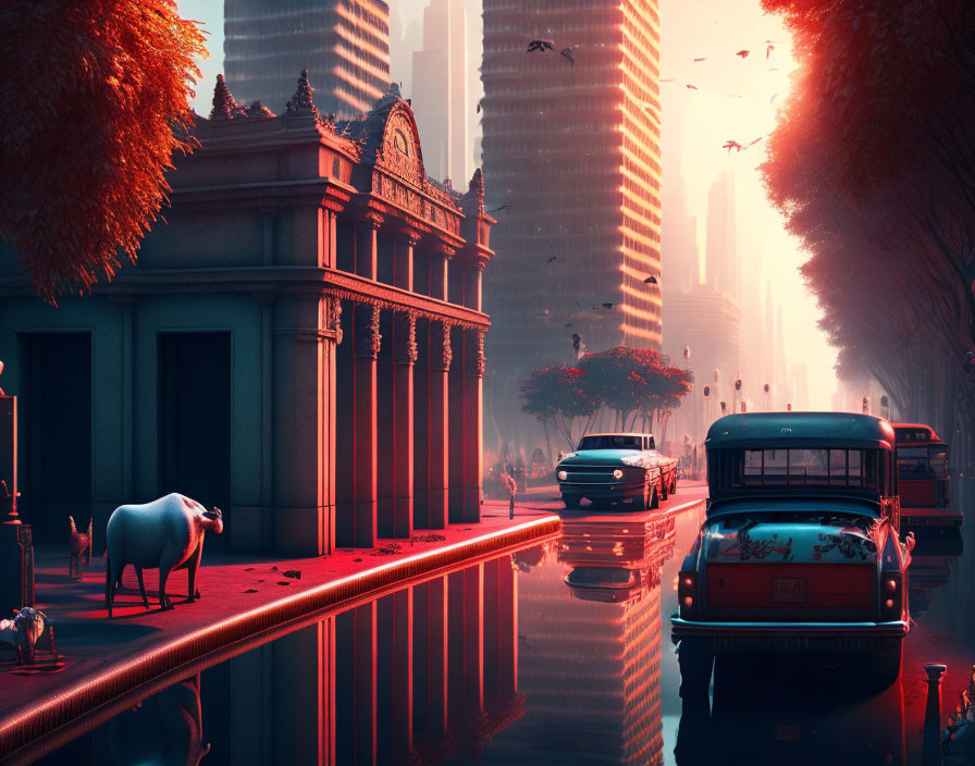 Serene street at dusk with sheep, vintage bus, car, classical architecture, modern buildings, pink