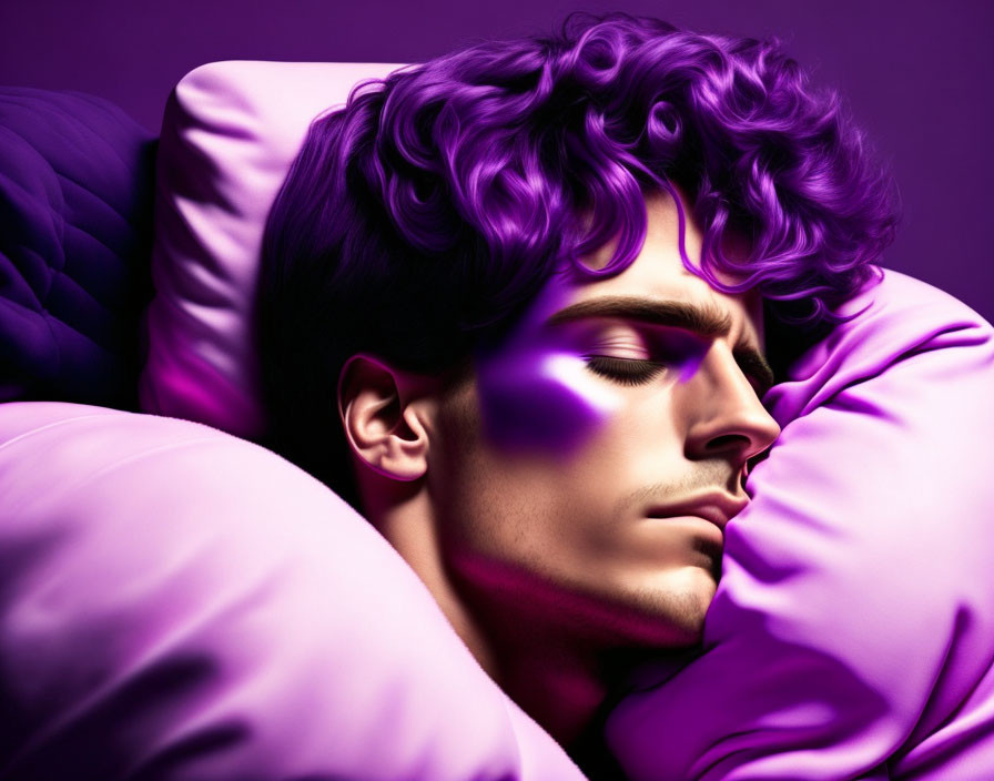 Digitally altered image: Person with vibrant purple hair on shadowed pillow