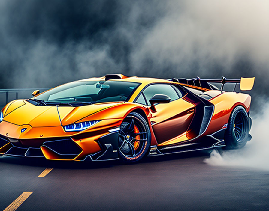 Orange Lamborghini Aventador: Aggressive design, large rear wing, black accents.