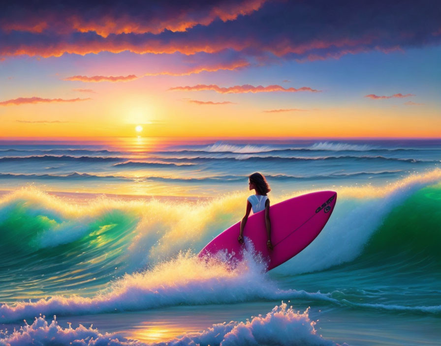 Surfer with pink board at ocean edge under vibrant sunset