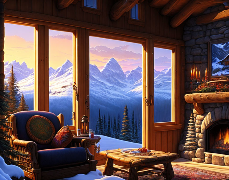 Warm Fireplace & Snowy Mountain View in Cozy Cabin Interior