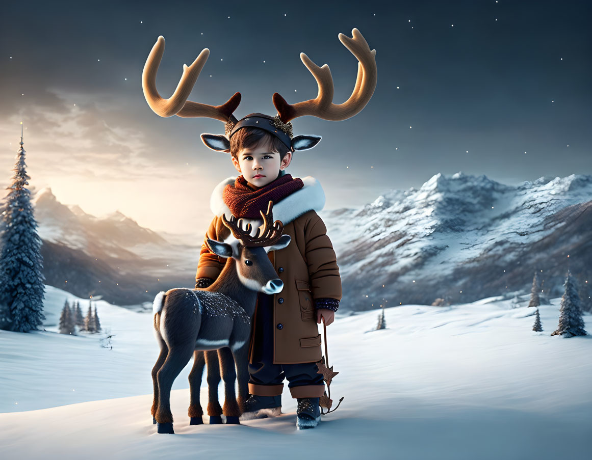 Child with antlers next to reindeer in snowy landscape at dusk