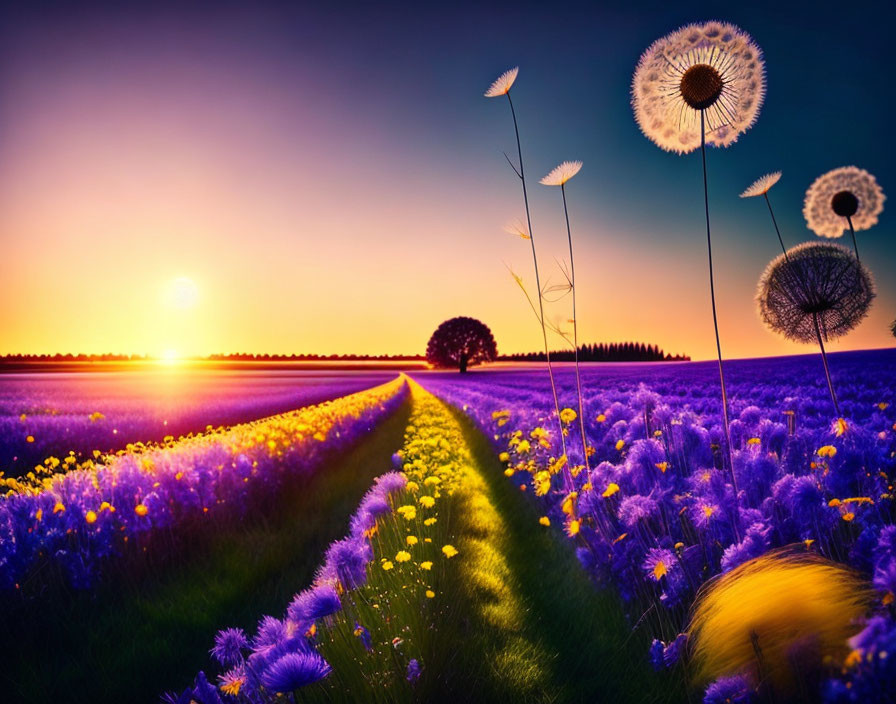 Vibrant purple flower field at sunset with dandelion silhouettes and tree line