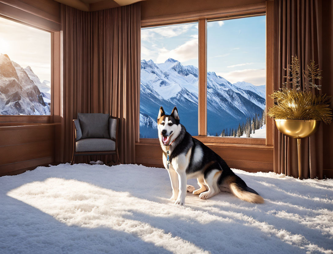 Husky Dog in Cozy Room with Snowy Mountain View