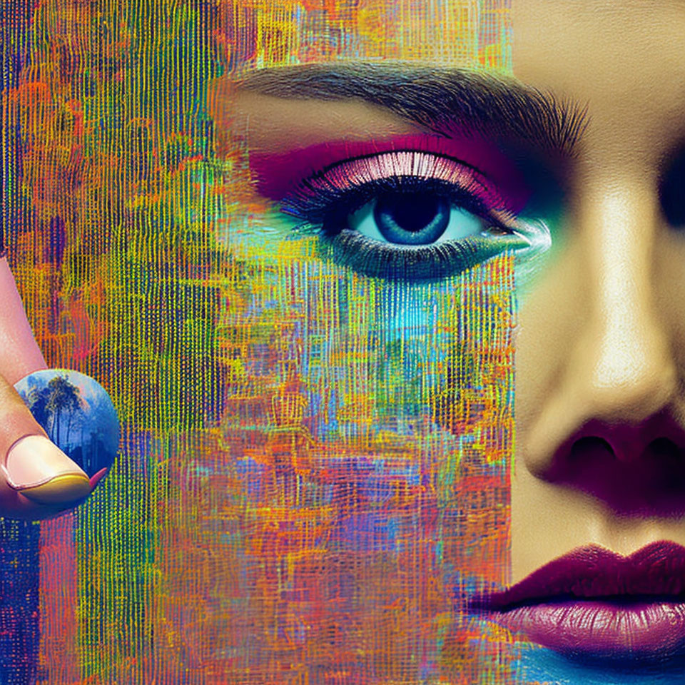 Vibrant digital artwork of a woman's face with colorful makeup and painted canvas texture