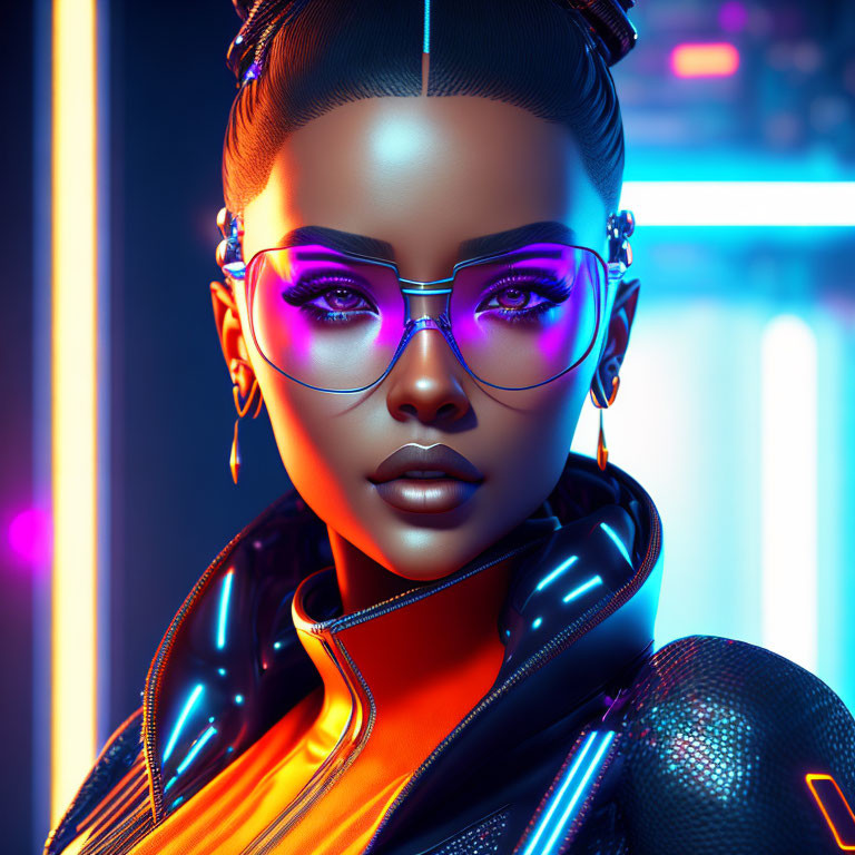 Stylish Futuristic Woman with Purple Glasses and Neon Background