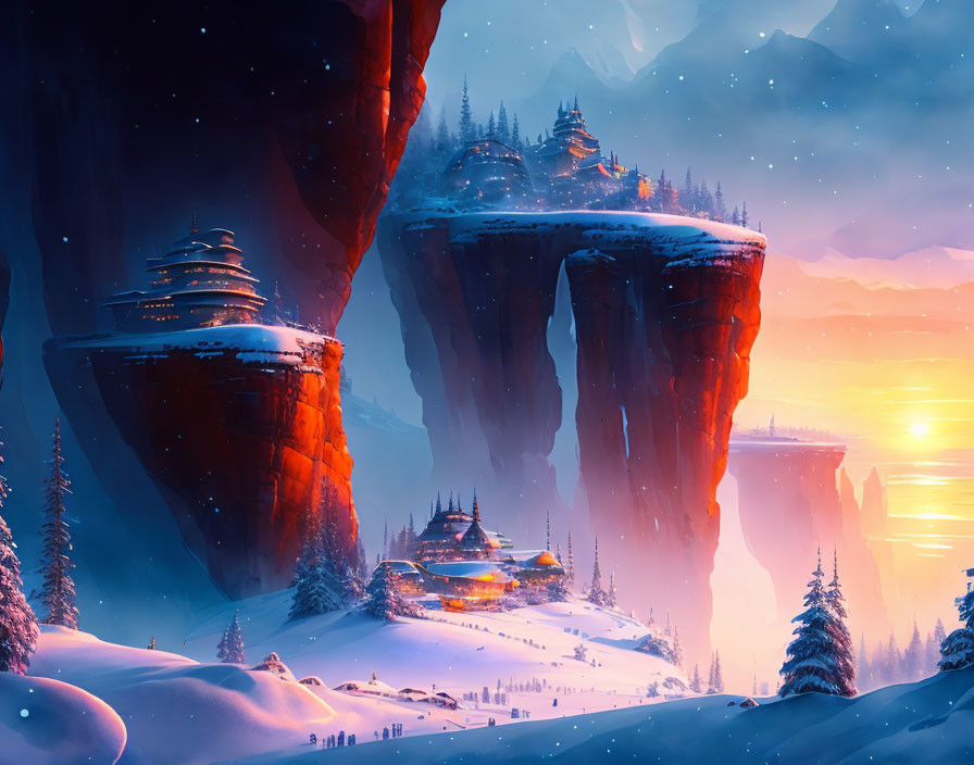 Majestic fantasy landscape with ancient temples and wintry sunset