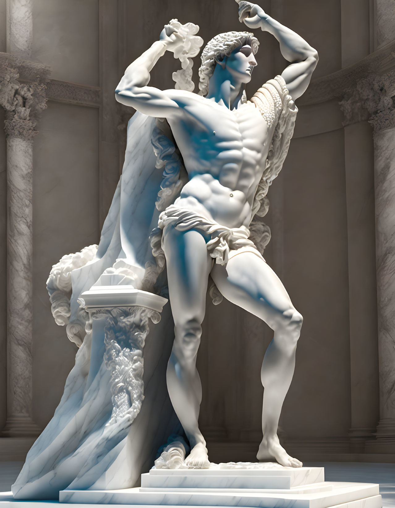 Marble statue of dynamic male figure in contrapposto stance