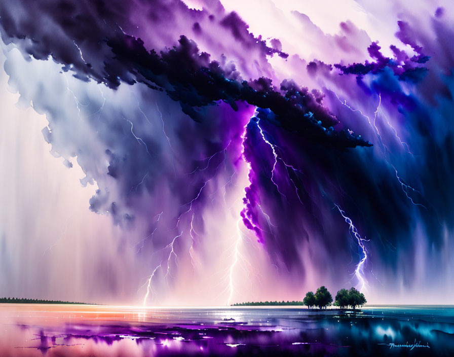 Vibrant purple storm clouds over tranquil lake with lightning strikes